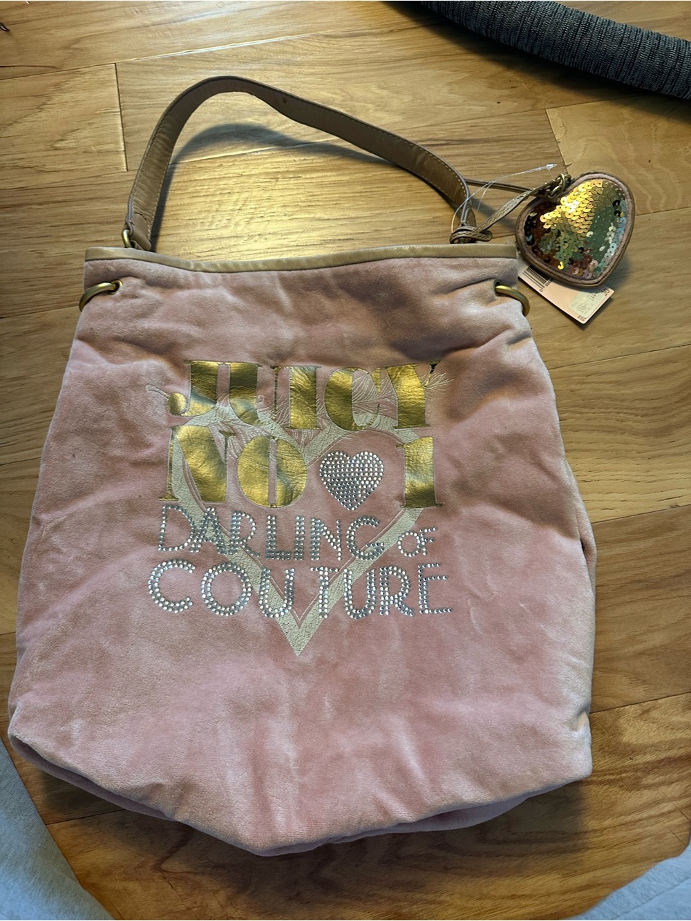 Vintage Juicy Couture Pink Velvet Tote with Gold Logo & Sequin Heart Charm Y2K